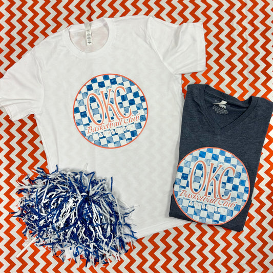 OKC SPIRIT: Oklahoma City Basketball Club Blue Checked (BELLA CANVAS VNECK or CREW NECK *NAVY OR WHITE*)