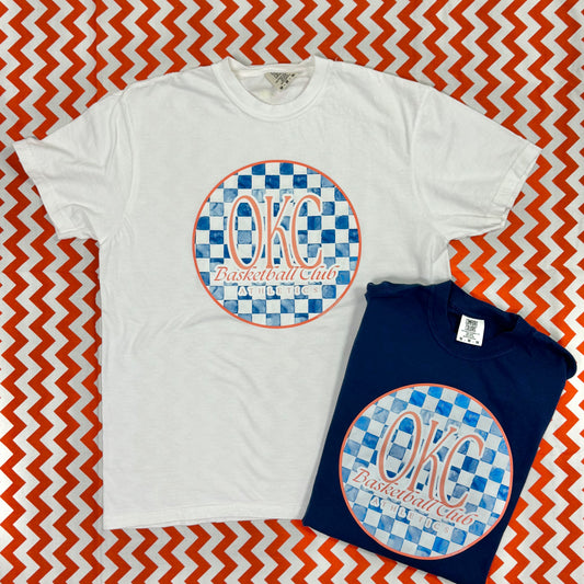 OKC SPIRIT: Oklahoma City Basketball Club Blue Checked (COMFORT COLORS SHORT SLEEVE  *NAVY OR WHITE*)