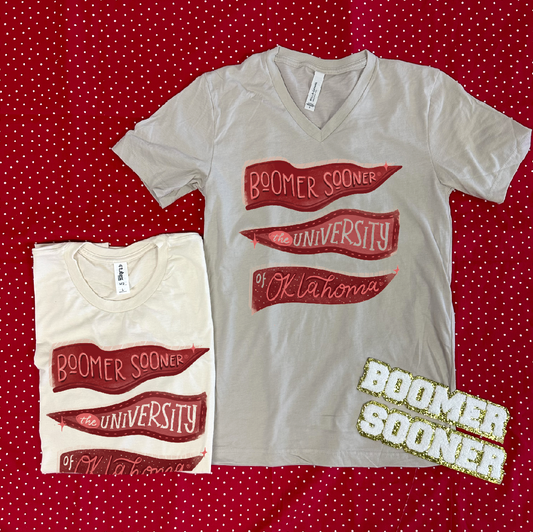 UNIV. OF OK 2024: Boomer Sooner Pennants (BELLA CANVAS VNECK)