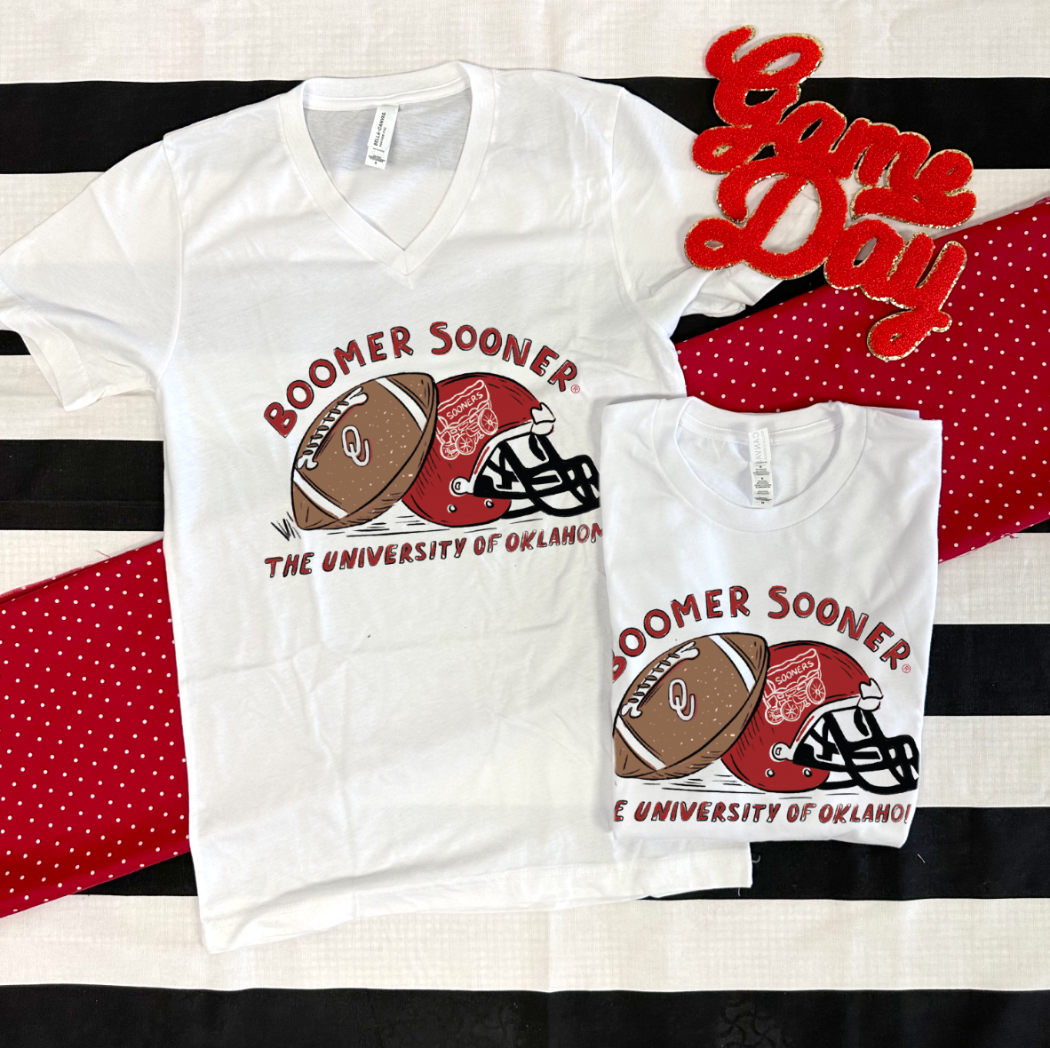 UNIV. OF OK 2024: Boomer Sooner Handdrawn Football & Helmet (BELLA CANVAS VNECK)