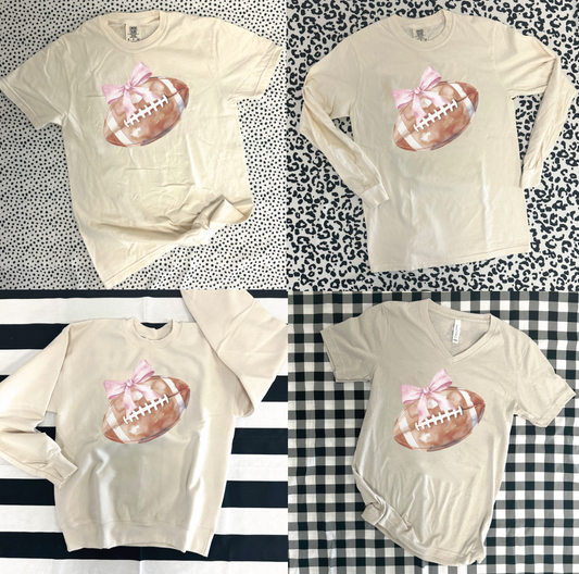 SPORTS LIFE 2024: Football Coquette Bow **CUSTOMIZABLE BOW & BACK** (BELLA CREW, BELLA VNECK, SHORTSLEEVE, LONGSLEEVE & SWEATSHIRT)