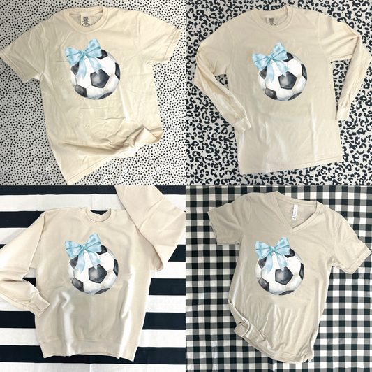 SPORTS LIFE 2024: Soccer Coquette Bow **CUSTOMIZABLE BOW & BACK** (BELLA CANVAS CREW, BELLA VNECK, SHORTSLEEVE, LONGSLEEVE & SWEATSHIRT)