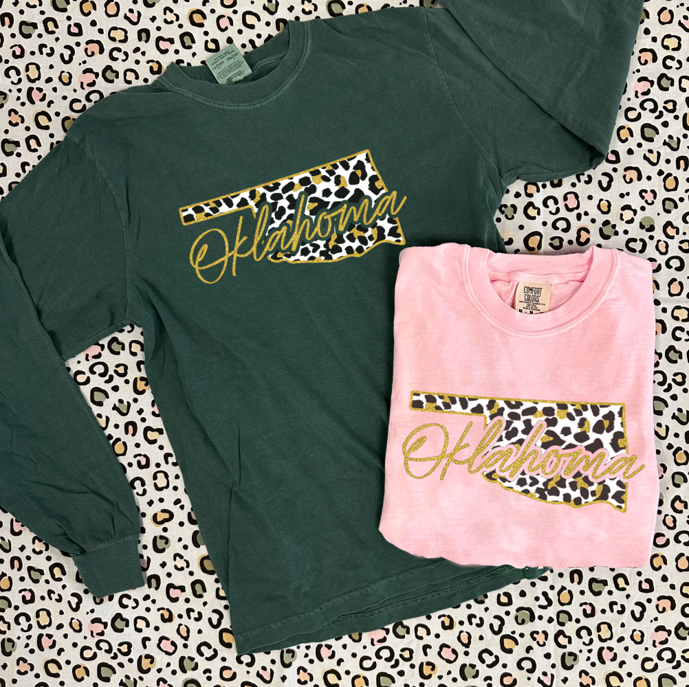 OKLAHOMA 2024: Oklahoma Leopard Gold Shimmer (COMFORT COLORS LONGSLEEVE)