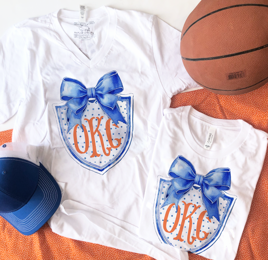 OKC SPIRIT: OKC Watercolor Monogram & Shield (BELLA CANVAS VNECK or CREW NECK)