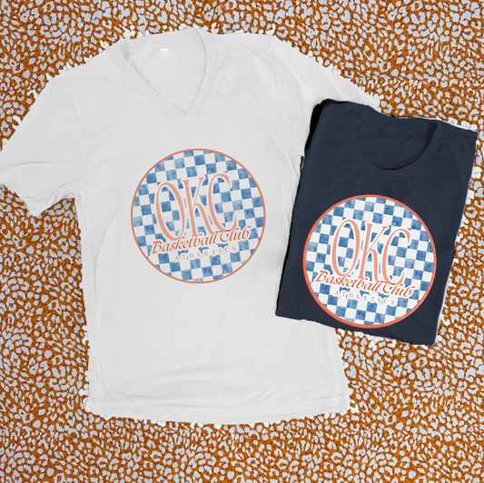 SWEET TEE TUESDAY: Oklahoma City Basketball Club Blue Checked (BELLA CANVAS VNECK or CREW NECK *NAVY OR WHITE*)