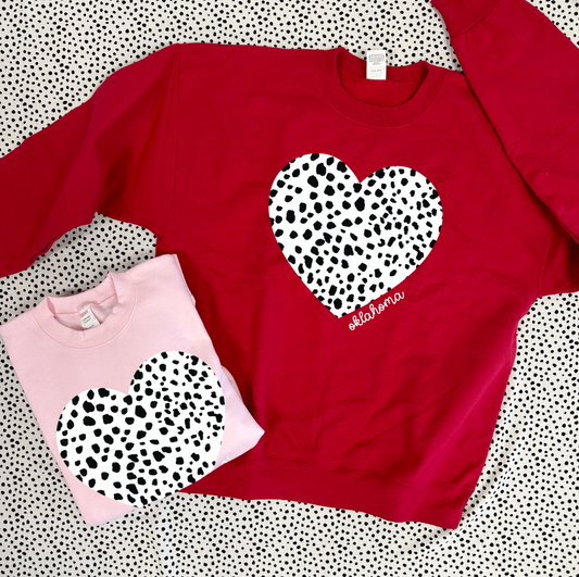 VALENTINE: Dalmation Print Heart *WITH OKLAHOMA SCRIPT* (SWEATSHIRT)