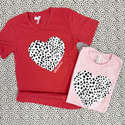 VALENTINE: Dalmation Print Heart *WITH OKLAHOMA SCRIPT* (BELLA CANVAS VNECK)