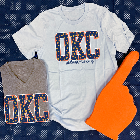 OKC SPIRIT: "OKC" Little Hearts (BELLA CANVAS VNECK)