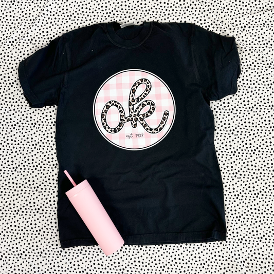 OKLAHOMA 2025: OK Leopard & Pink Check Circle - COMFORT COLORS SHORTSLEEVE OR LONGSLEEVE