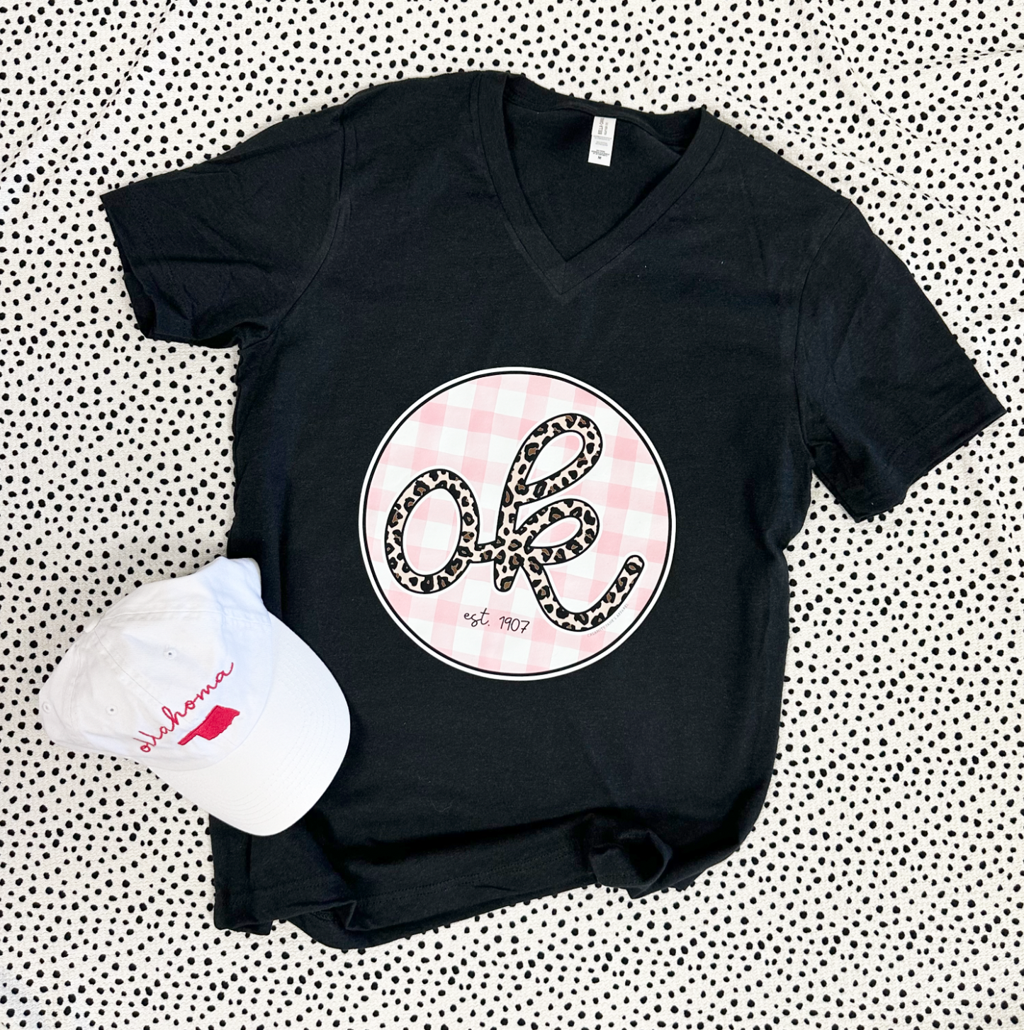 OKLAHOMA 2025: OK Leopard & Pink Check Circle - BELLA CANVAS VNECK