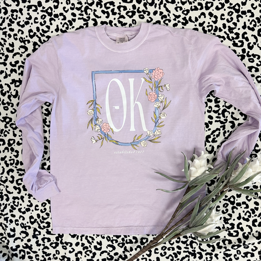 OKLAHOMA 2025: OK Lavender Floral Frame - COMFORT COLORS LONGSLEEVE