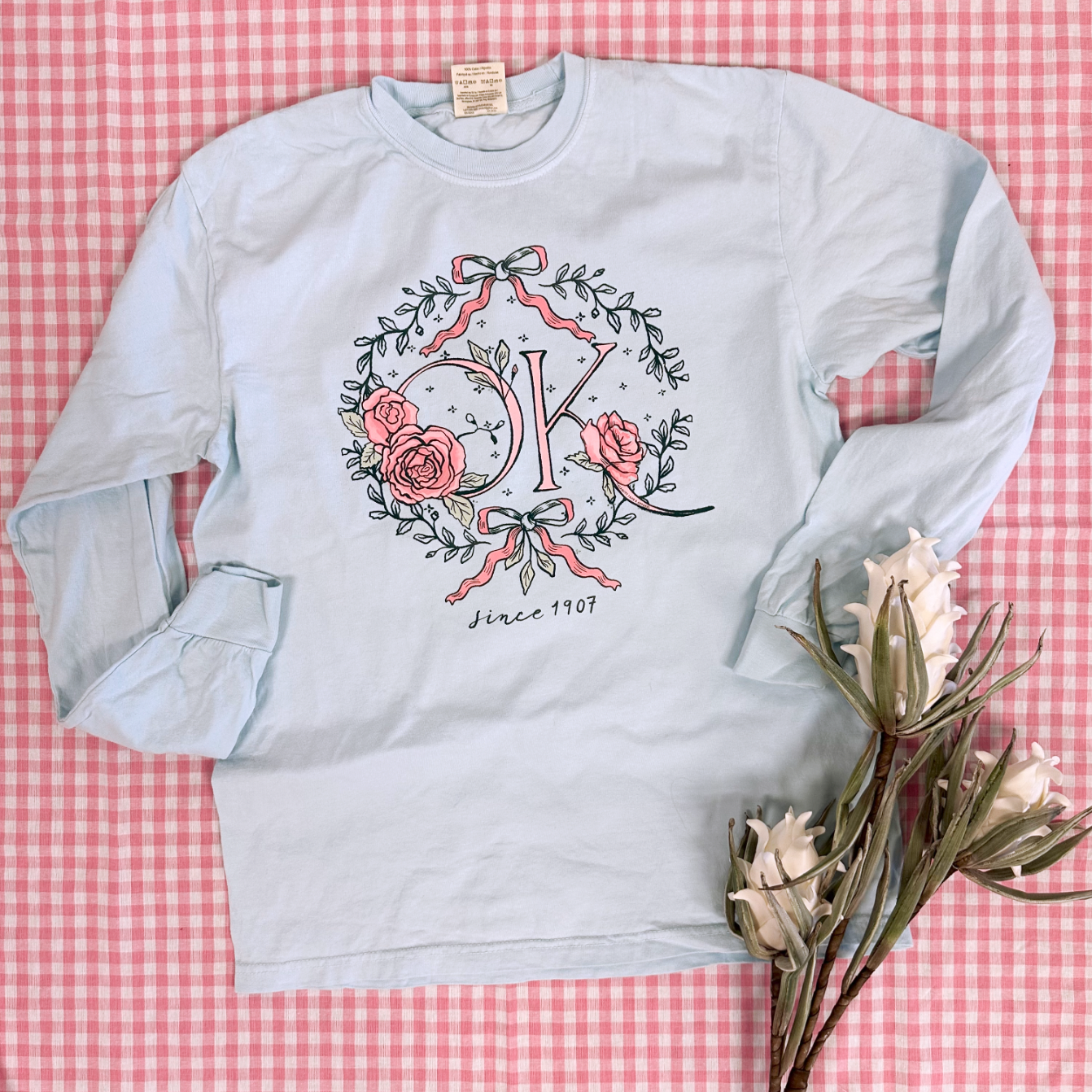 OKLAHOMA 2025: OK Chambray Roses & Bows - COMFORT COLORS LONGSLEEVE