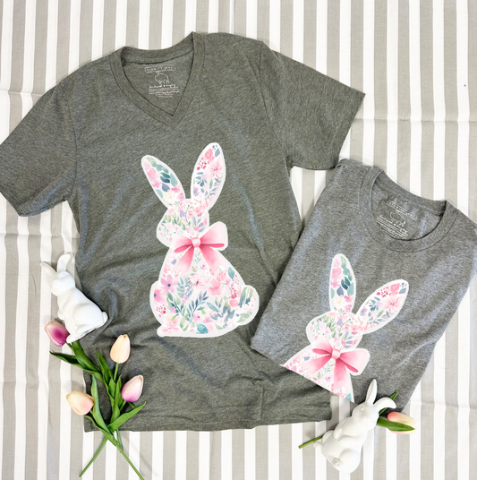 EASTER 2025: Floral Pattern Bunny & Bow (BELLA CANVAS VNECK or CREW NECK)