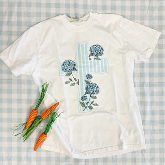 EASTER 2025: Chambray Hydrangea Cross (COMFORT COLORS SHORTSLEEVE)