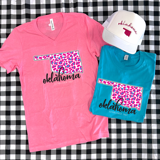 OKLAHOMA: OKLAHOMA SUMMER LEOPARD NEON (Bella Canvas V-Neck & Crew Neck)