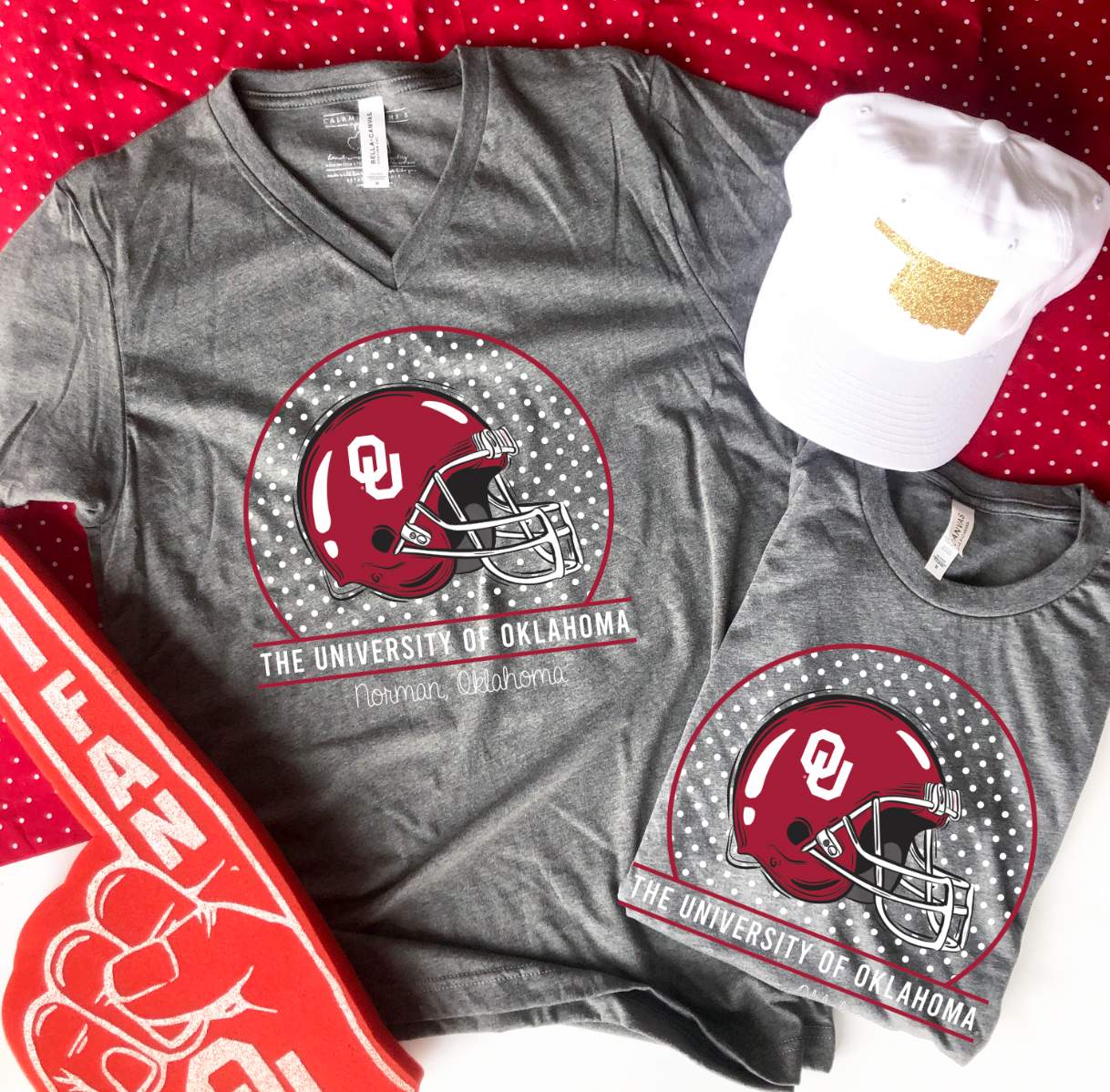 UNIV. OF OK 2022: OU Helmet & Polkadots (VNECK or CREW NECK)